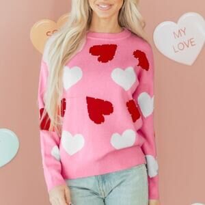 Boutique Pink Pearl Embellished Heart Pattern Valentines Day Sweater Size Small